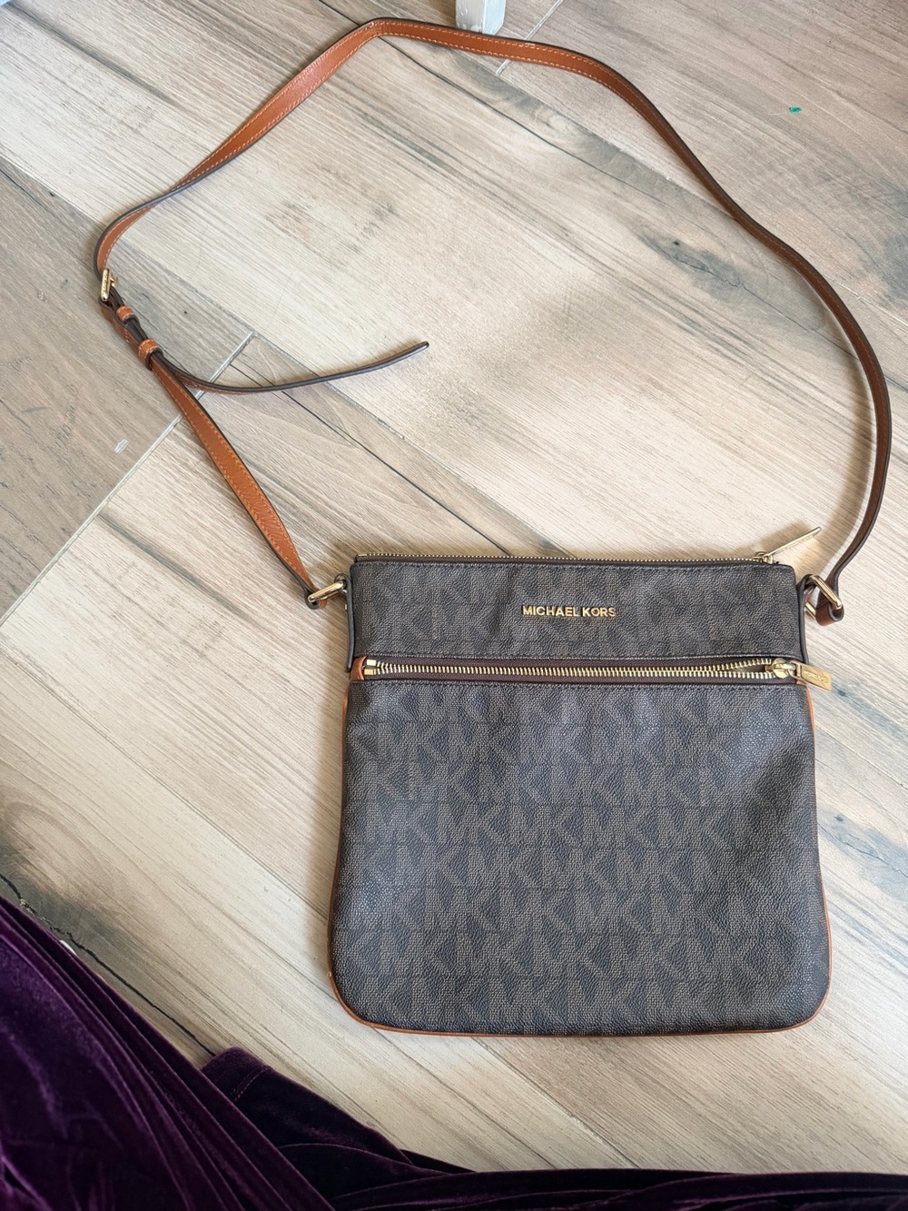 Michael Kors Brown and Tan Monogram Crossbody